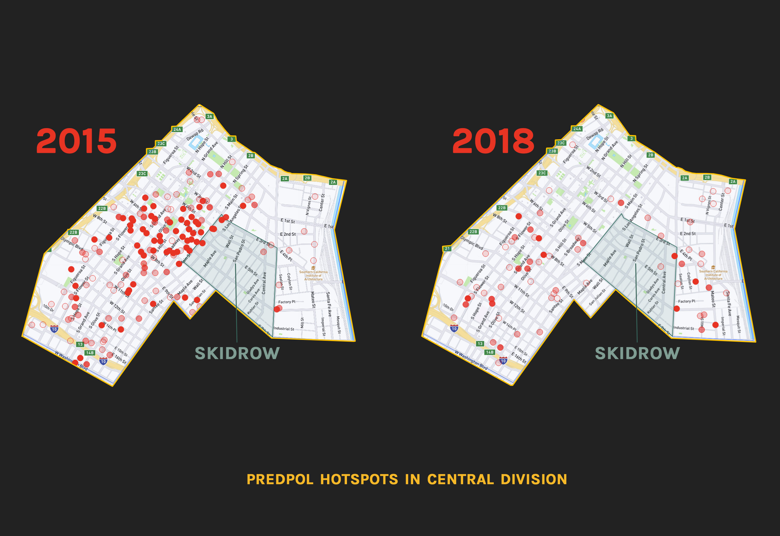 What these maps show is that the PredPol hot spots instead quarantine the community of Skid Row, forming a divide or
          a digital wall or border of hot spot clusters. PredPol in fact automates patrols at what had been traditionally called
          the “buffer zones” of the containment strategy long used to contain Skid Row. The overall impact is restriction, enclosure, and punishment.