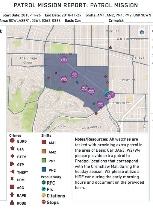 LAPD Patrol Mission Report Generated by Palantir Describing a map and assigned cops to police and terrorize