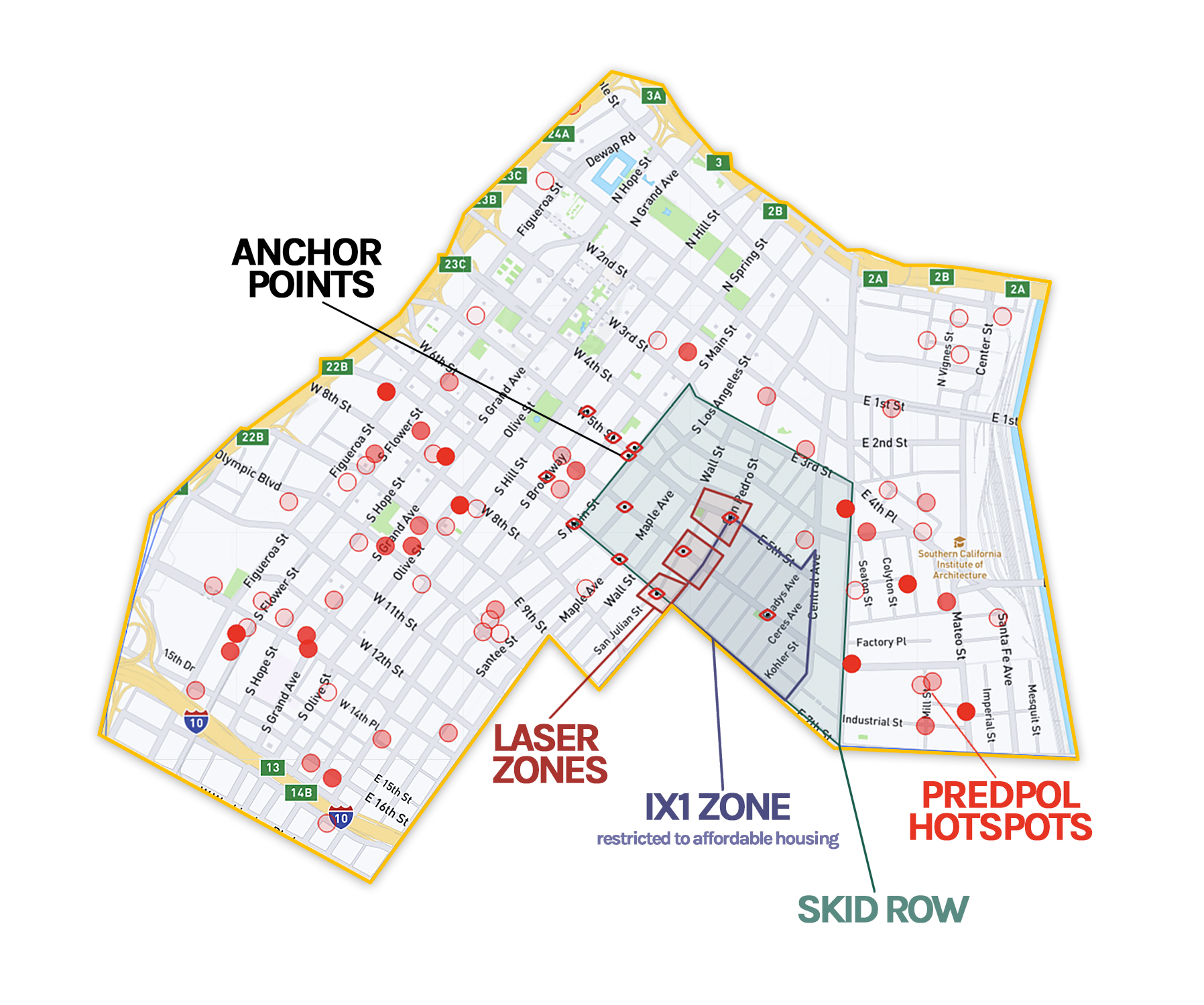 A map of all the data driven policing programs in central division with boundaries around skid row and the proposed ix1 zone (proposed deed restriction for affordable housing)