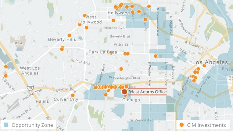 Map of CIM Group properties acrosss Los Angeles with properties in Opportunity Zones highlighted
