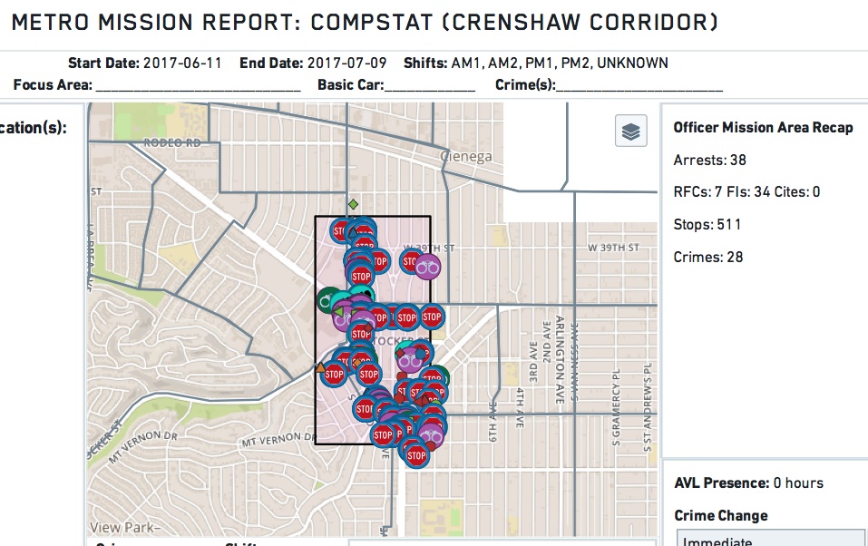 LAPD Palantir Generated Mission Report in Crenshaw Corridor with map.