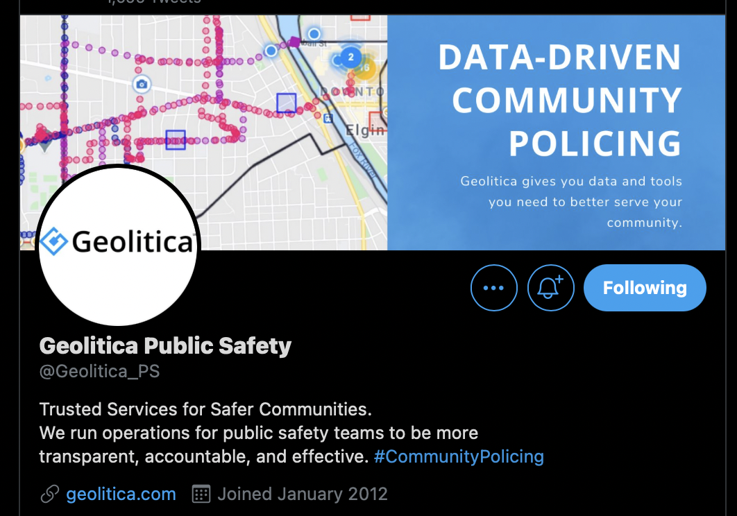 Screenshot of Geoliticas twitter page promoting community policing